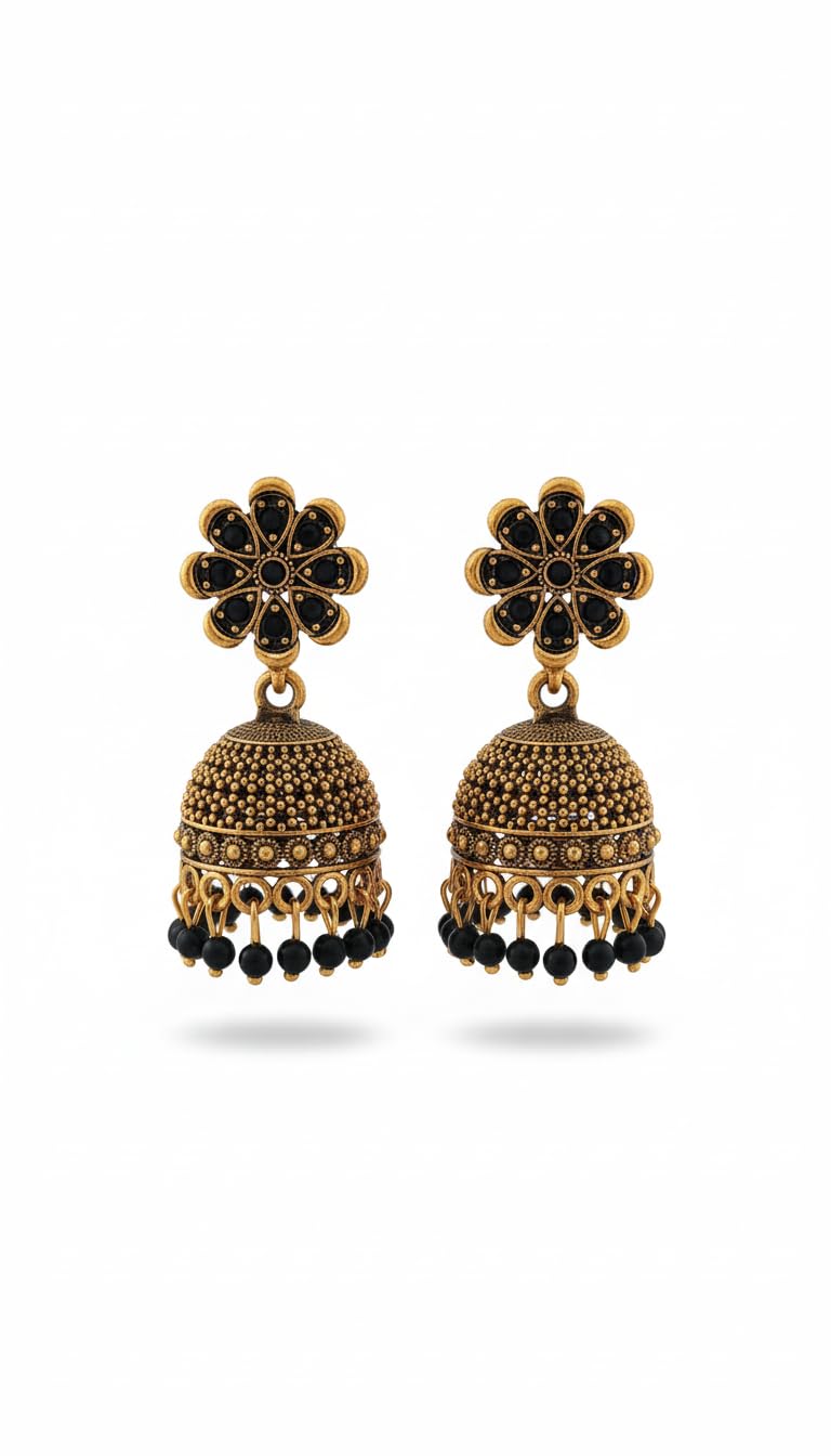 Antique Gold Jhumka Earrings with Black Beads, Flower Stud Top, Traditional Indian Jewellery - Review, Price and Buying Guide