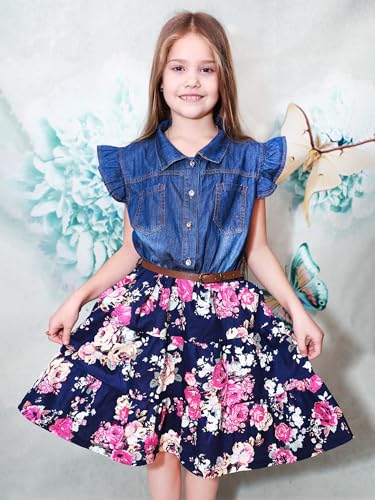 YJ.GWL Girls Dresses, Denim Tops Flower Girl Dress, Princess Dresses for Girls, Girl Summer Dress Casual Outfits, Party Fashion Clothes for 6-7 Years - Image 2