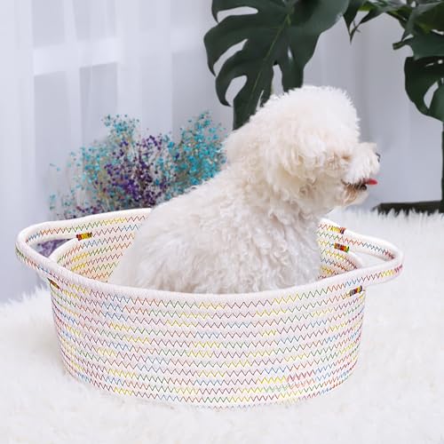 Image of ABenkle Small Basket with Handles, Boho Decorative Rope Woven Dog Cat Toy Storage Bin Shelf Storage Organizer, Easter Christmas Gift Basket, 12 inchx8 inchx5 inch