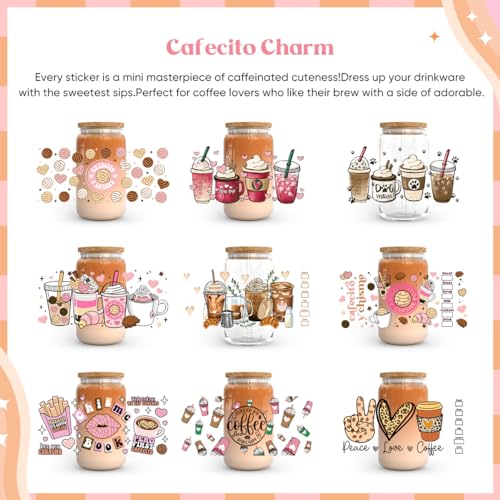 Image of Kaciola 10 Sheets UV DTF Cup Wraps for 16 oz- Coffee Theme UV DTF Stickers, 1 Sheet Mysterious Pattern Transfer, Rub on Transfers Stickers for 16 oz Libbey Glasses Crafting