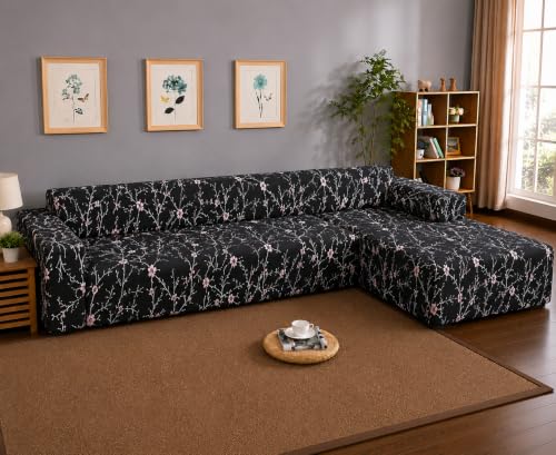 Image of Gifts Island Premium 160GSM Super Soft Black Stem Stretchable Sofa Cover L Shape 7 Seater Fully Covered | Suitable for Both Left and Right Side Chaise Sofa (Black Stem, 4+3 Seater)