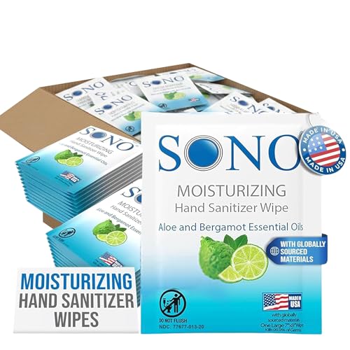 SONO Bergamot & Aloe Moisturizing Hand Sanitizer Wipes - TSA-Approved Travel Size Individual Packs for On-the-Go Hygiene & Cleansing - Alcohol-Free Antibacterial for Hands & Surfaces