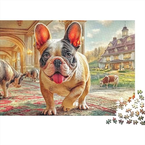 Puzzle de 1000 piezas compacto de 38x26cm con diseño de bulldog en mansión clásica