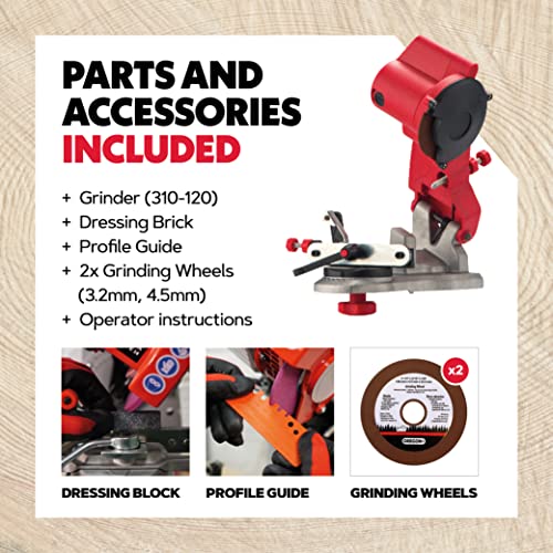 Oregon Professional Chainsaw Sharpening Device, Compact 230-Volt Bench Grinder, Universal Chain Saw Sharpener, Electric, for All Chainsaw Chains (310-230), Red 3 Oregon Professional Chainsaw Sharpening Device, Compact 230-Volt Bench Grinder, Universal Chain Saw Sharpener, Electric, for All Chainsaw Chains (310-230), Red - Image 3
