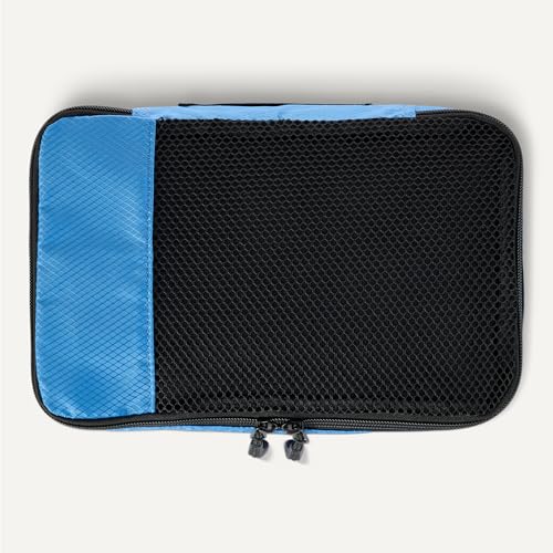 Image of Amazon Essentials 4-Piece Space-Saving Packing Cubes Travel Accessories Set, Suitcase Organizer with Double Zipper, Mesh Top, Small, Sky Blue (Previously Amazon Basics)