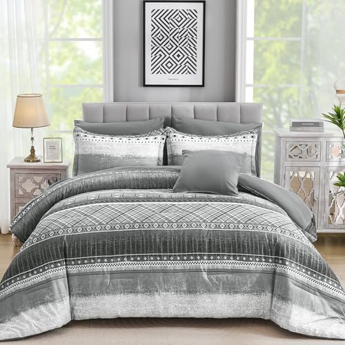 WONGS BEDDING 8 Piece King Size Comforter Set Texture Striped Bed in a Bag Grey Comforter and Sheet Set Boho Lightweight Microfiber Bedding Set for All Season (90104)
