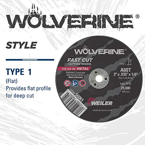Image of Weiler 56061 3-Inch Cutting Wheel, Wolverine AO Steel /Metal Fast Cut, Value Cutting, 0.035 inch A60T Type 1 1 /4 inch Arbor (Pack of 100)