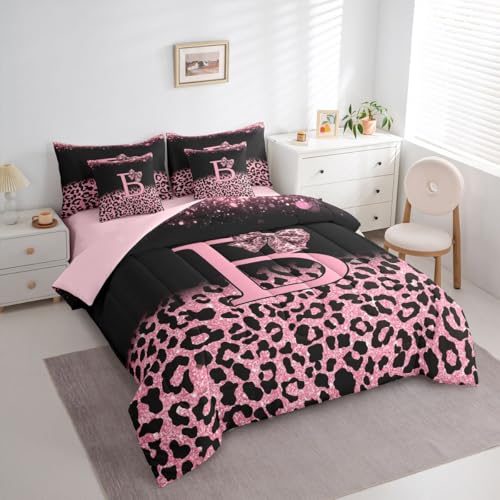 Image of Feelyou Pink Leopard Bow Comforter Set with Sheets 7 Piece King Size Initial Letter B Bed in a Bag Kids Boys Girls Girly Bowknot Bedding Set Bedroom Decor Breathable Soft Lightweight Microfiber