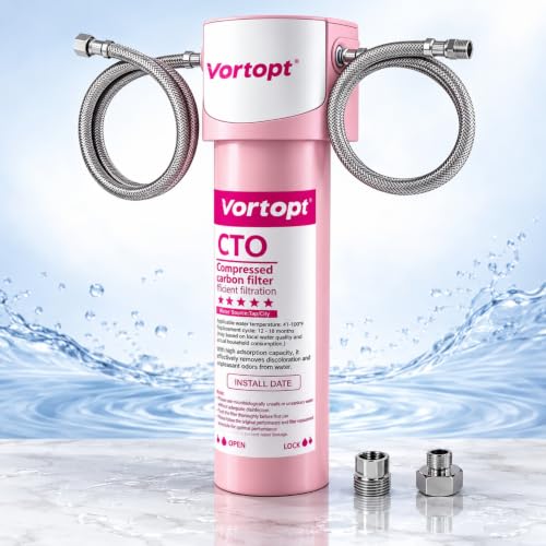 Image of Vortopt Q7 19000 Gallon Sink Water Filter, Reduces Chlorine, Lead, | Bad Taste & Odor, Under Counter Water Filter Connects Directly to Your Faucet, NSF /ANSI 372 & 42 Certified, 2Years, Pink.