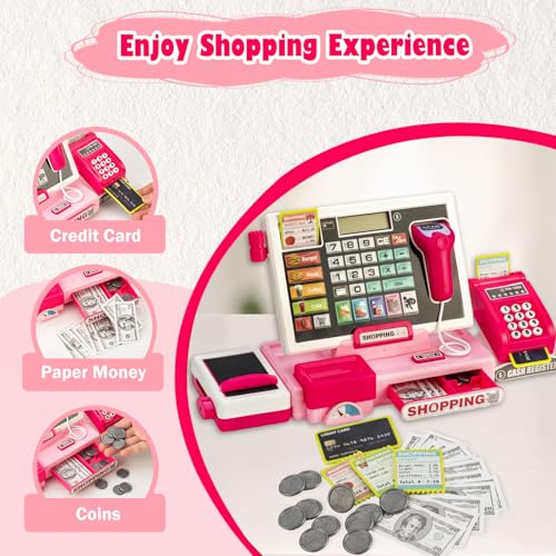 Image of Kids Cash Register Toy with Shopping Cart Toddler Pretend Play Store Cashier Register for Kids with Music / Real Calculator / Scanner Learning Toys for Girls Birthday Gift for 3-8 Year Old Girl