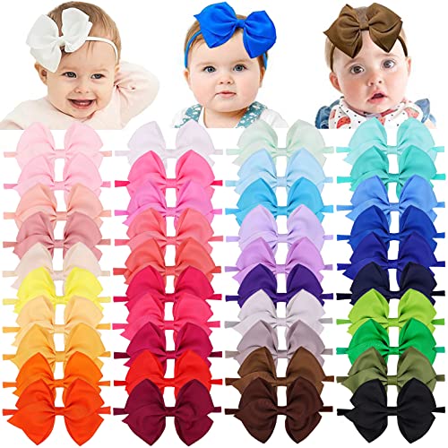 WillingTee 40 colores 4.8 pulgadas bebé niña diadema de nylon cinta de grogrén grande lazo de pelo suave elástico bandas de nylon para bebé niñas recién nacidos bebés niños Cover