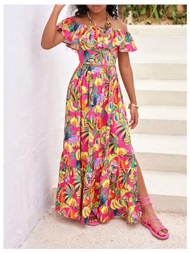 Image of BEAUDRM Girl's Summer Outfits Tropical Summer Dress Hawaiian Off Shoulder Tops and Ruffle Skirt Set Vacation Beach Clothes
