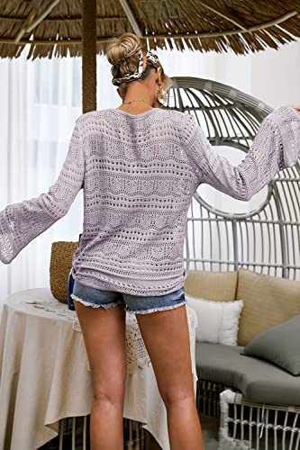 Image of Saodimallsu Womens Boho Off Shoulder Sheer Crop Tops Bell Sleeve Flowy Oversized Crochet Ruched Pullover Sweaters