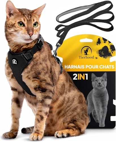 Tierhood Harnais pour Chat avec Laisse - Anti Évasion pour Chat Adulte et Chaton - Liberté Contrôlée - Noir, Taille M