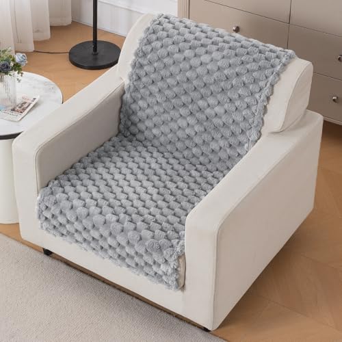 Image of HOKIPO Sofa Cover for 1 Seater Sofa | Thick Bubble Fluffy Rabbit Wool Plush Sofa Throw | Full Protection for Seat and Back | 'BunnySoft Series' (180x60 cm), Moon Grey (AR-6666-GRY)