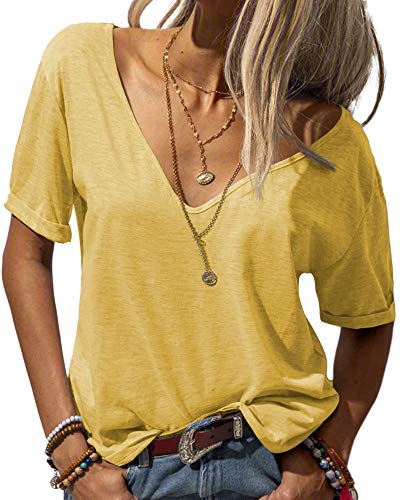 Tankaneo Damen Mode tief V-Ausschnitt Kurze Ärmel Tops Solide Lässig Lose Basic T Shirt