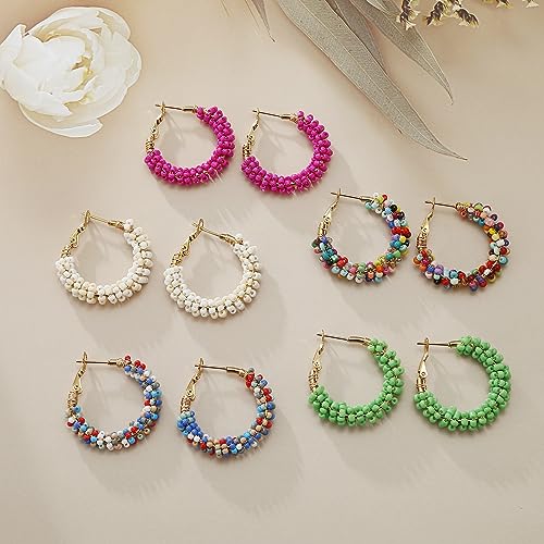 Colorful Beaded Earrings for Women, Boho Flower Hoop Earrings 6
