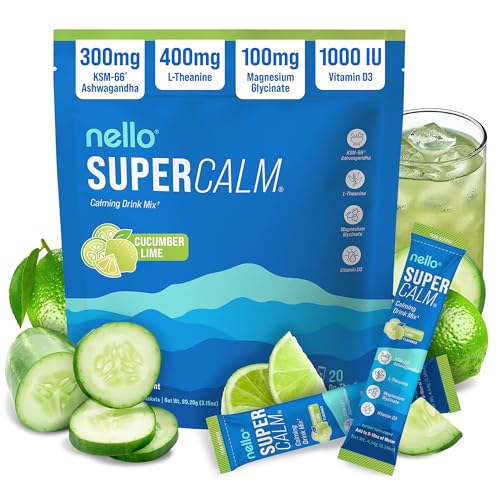 Image of Nello Supercalm Powdered Drink Mix, Cortisol Reducer and Sleep Aid Supplement, L Theanine, Ksm-66 Ashwagandha, Magnesium Glycinate, Vitamin D 3, No Sugar, Non GMO, On The Go, 20 Ct, Cucumber Lime