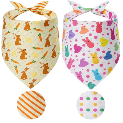 Gofshy Easter Dog Bandanas Large 2PCS Triangle Reversible Bunny Scarf for Boy and Girl Adjustable Puppy Bibs for Large and Extra Large Pets Cats