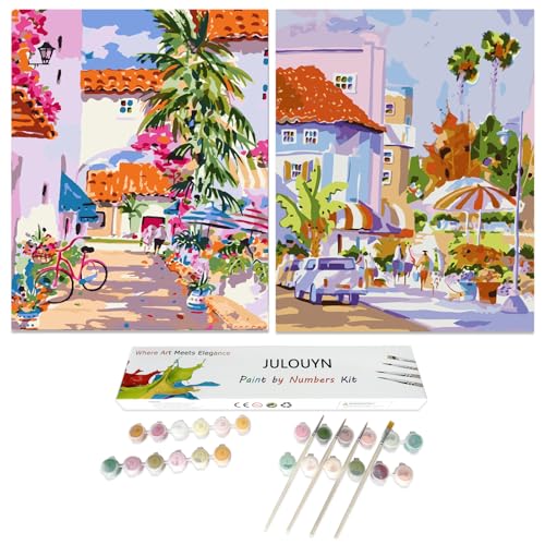 JULOUYN 2 Pack Paint by Numbers Kit for Adults Beginner, Tropical Landscape DIY Canvas Art Kit for Home Decor 16x20 in
