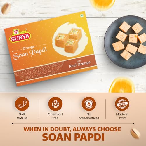 Image of HF, Surya Orange Soan Papdi- 400g | No Added Preservatives or Colours | Made with Fresh Besan, Almond & Pistachio Garnish, Melt-in-Mouth Mithai Box