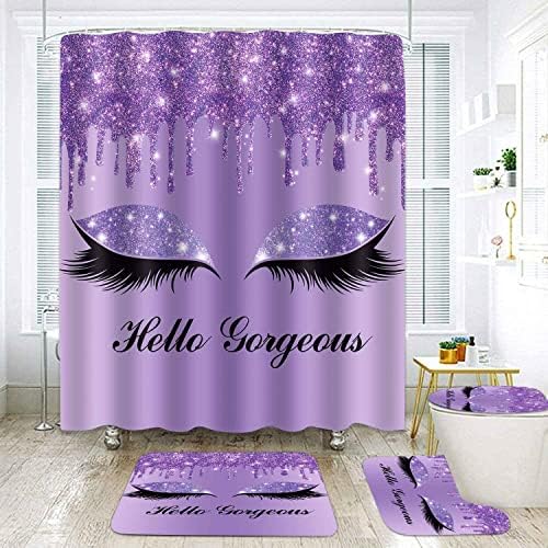 Purple Unicorn Eyelash Shower Curtain Set, 4PCS Bathroom Sets with Violet Twinkle Drips (Not Glitter) Shower Curtain, Bath Mat, Toilet Lid Cover and U Shaped Rugs, Bathtub Curtain with Hooks SETLSSD46