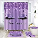 Purple Unicorn Eyelash Shower Curtain Set, 4PCS Bathroom Sets with Violet Twinkle Drips (Not Glitter