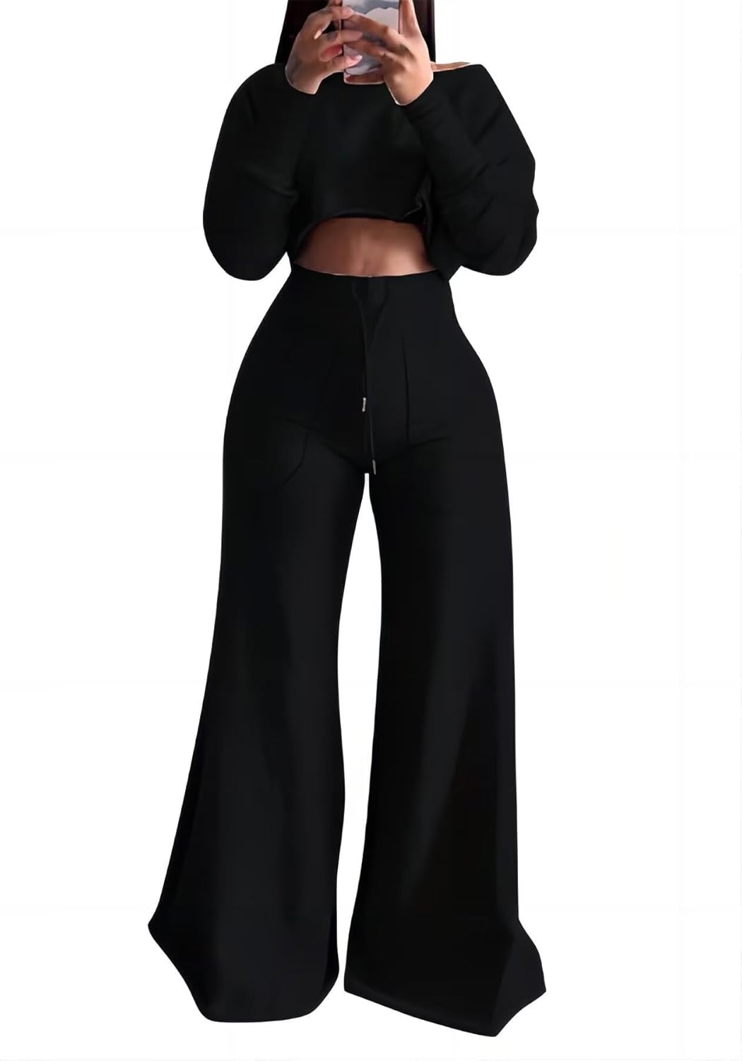 LROSEY Summer Women 2 Piece Outfits Pants Sets Casual Lounge Set Drawstring Wide Leg Palazzo Trousers Long Sleeve Crop Tops