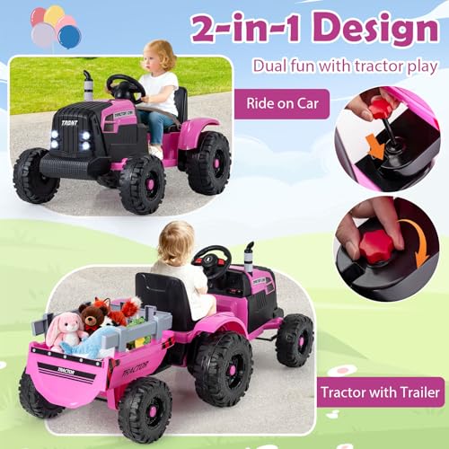 Image of Costzon 24V Ride on Tractor with Detachable Trailer, Kids' Electric Vehicles with 3 Speeds, 15 Climbing, Wireless Design, Horn & Music, Remote Control Tractor Toy for Kids 3+,Gift (24V, Dark Pink)