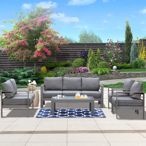 Wisteria Lane Aluminum Outdoor Patio Furniture Set, Modern Patio Conversation Sets, Outdoor Sectional Metal Sofa With 5 Inch Cushion And Coffee Table For Balcony, Garden, Dark Grey #TOP1