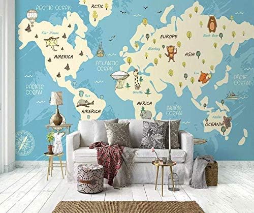 Miniatura 5 de Murwall Kids Map Wallpaper Blue White World Map Wall Mural Cartoon Animals Wall Art Nursery Wall Decor Girls Boys Bedroom Childroom