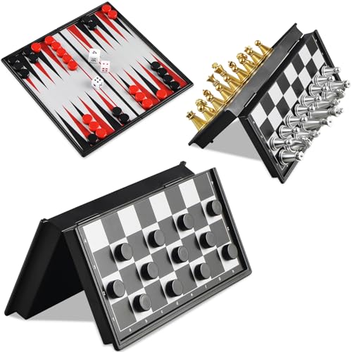 Juego 3 en 1 Ajedrez, Damas y Backgammon Mini 5'' Magnético miniatura 3