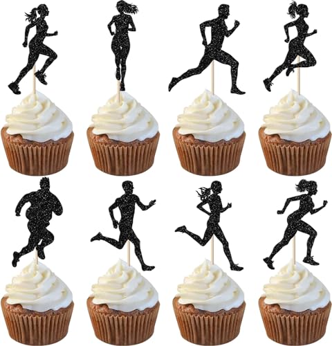 24 Stück Laufend Cupcake Toppers Glitzer Sport Fitness Tortendeko für Sport Laufend Thema Jungen Mädchen Kinder Geburtstag Party Kuchen Deko Schwarz