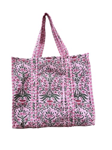 Image of Quilted Cotton Hand printed Reversible Large multicolor cotton Tote Bag,Indian Handmade Block Printed Tote Bag Women Handbag
