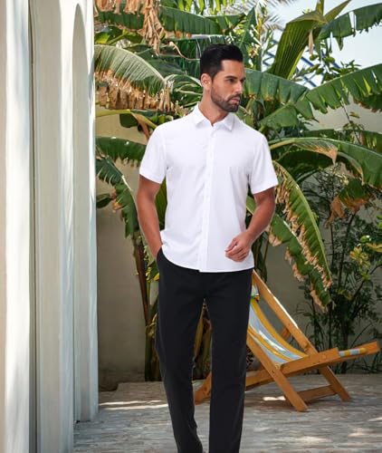 Mens Short Sleeve Dress Shirts Stretch Button Down Wrinkle Free Casual Solid Formal Shirt for Summer Business Wedding4