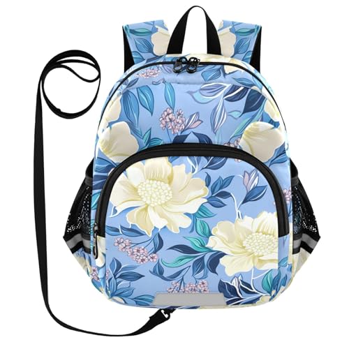 Creamy Flower Leaves Lightblue Toddler Harness Backpack for Boys Girls 3-6 Years Kids Backpack with Anti Lost Safety Leash Baby Protection Backpack for Travel Preschool Walking