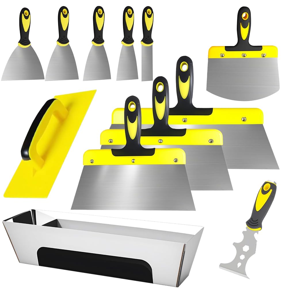 Set di stucchi da pittura in acciaio inossidabile, 12 pezzi, coltello per stucco in acciaio inox, 350-25 mm, strumento per stuccare con PP + TPR manico giallo e nero per cartongesso, intonaco, carta