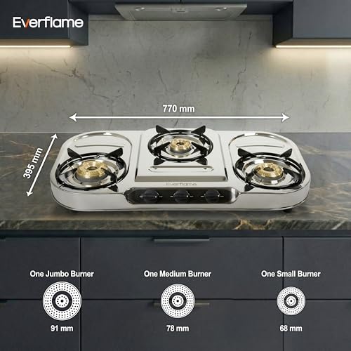 Image of Everflame Swift 3 Burner Gas Stove | Durable Stainless Steel Cooktop | Manual Ignition | ISI Certified | Brass Burner & Pan Support | Gas-Saver Technology | 2 Years Product Warranty + Doorstep Service