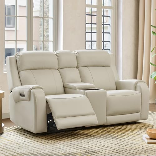 Image of CHITA Genuine Leather Power Recliner Sofa, Loveseat with Console, Crean