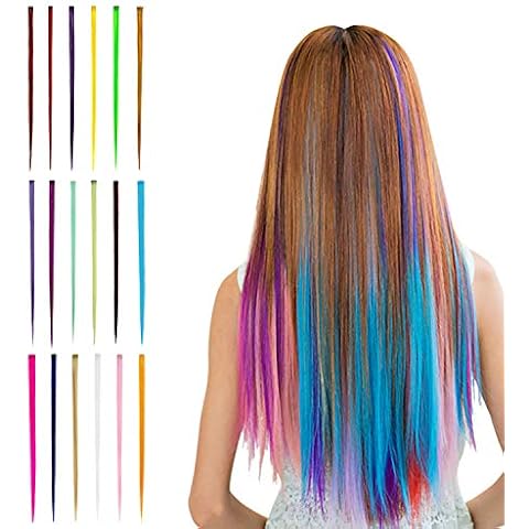 Beautyshow Colorful Hair Pieces 18 pcs, Hair Extensions with Clips, 55cm/21.6 inch Rainbow Wig Salon Highlight Synthetic Hairpieces Clip In Hair Extensions for Kids Girls Women Cosplay Party Fashion Cover
