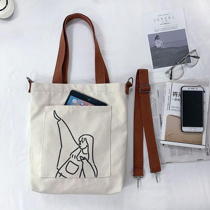Image of Cotton Tote Bags for Women, College Bag for girls With Inner & Outer Pockets, Utility Tote bags for Shopping, Travel & Daily use