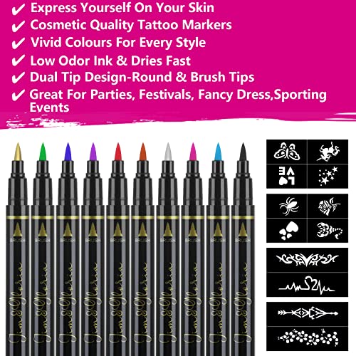 Jim&Gloria Body Art Tattoo Pen Dual Tip 10 Colors Fake Tattoos Temporary Tattoo Kit For Men Women Sleeves Teen Girls Trendy Stuff For Birthday Friendsgiving Thanksgiving And Christmas Party Gifts #TOP5