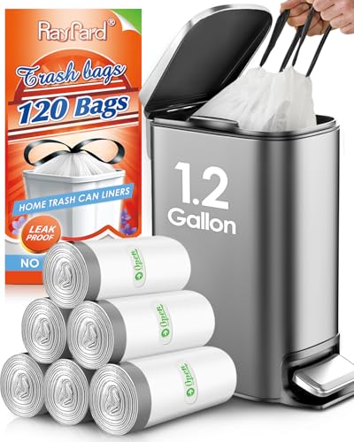 RayPard 1.2 Gallon Mini Drawstring Trash Bags Garbage Bags 120 Counts Small Strong Plastic Bags fit 4-5L Trash Can for Home Office Kitchen Bathroom Bedroom White Waste Basket Liners