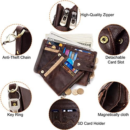REETEE Mens Wallet RFID Blocking Men's Genuine Leather Wallet and Zipper Coin Pocket Bifold Purse with Chain 16 Credit Card Holder Genuine Leather Gents Wallets Slim Purse (Coffee)