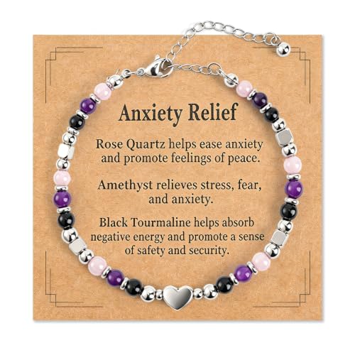 Natural Stone Crystal Healing Bracelet for Women Triple Protection Anxiety Relief Good Luck Empath Protection Gift for Her Girls Mum Sister Friend Adjustable Gemstone Jewellery with Card and Box