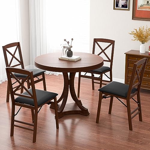 Image of COSTWAY Folding Dining Chairs Set of 4, Upholstered Wooden Dining Room Chairs with X-Shaped Back, 400LBS Capacity and Solid Wood Frame for Kitchen Apartment (Brown & Black)