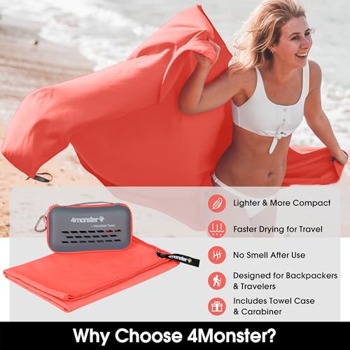 Image of 4Monster Quick Dry Travel Towel with Case & Carabiner - Super Absorbent Microfiber Gym & Camping Towel. Compact, Lightweight, Fast Drying for Beach, Swimming, Hiking, Backpacking