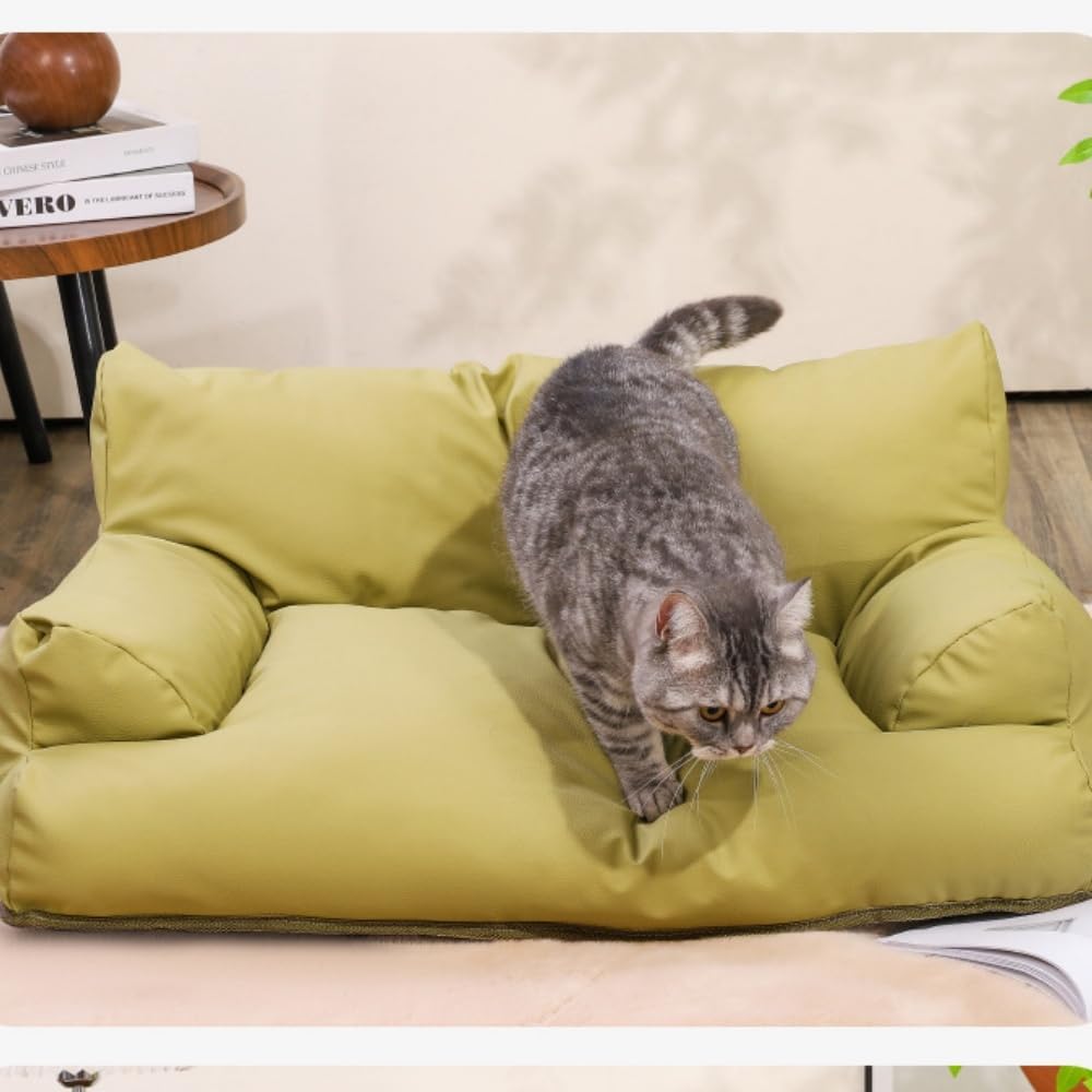 PU Leather Rectangle Dog Cat Pet Sofa Couch Soft Calming Pet Beds for Small Cats and Dogs,20X15.7X9 INCH (Green)