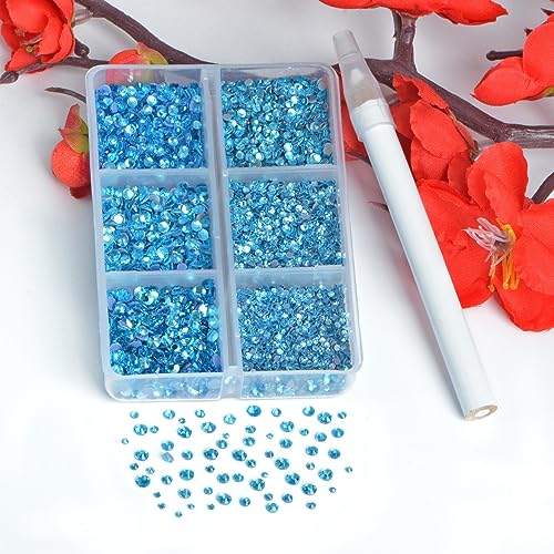 Image of Bymitel Hotfix Crystal Rhinestones Round Gems for Crafts,Mixed 6 Sizes with Wax Pencil Kit, Aquamarine1.3-3.2mm(SS3-SS12 /8000pcs)