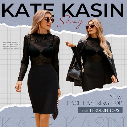 Kate Kasin Lace Tops for Women, Sexy Mesh Long Sleeve Sheer Shirts, Slim Fitted See Through Lace Blouses4